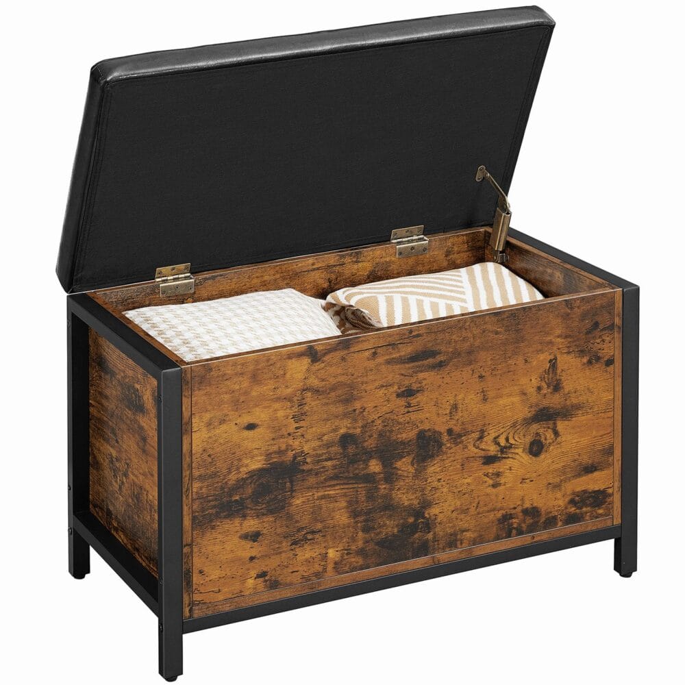 Sitzbank Holztruhe mit Staufach, Industrial Stil, 80x40x50cm, Holz Braun