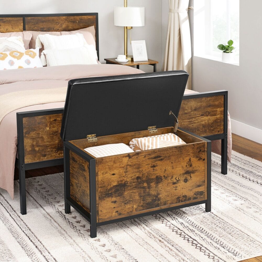 Sitzbank Holztruhe mit Staufach, Industrial Stil, 80x40x50cm, Holz Braun
