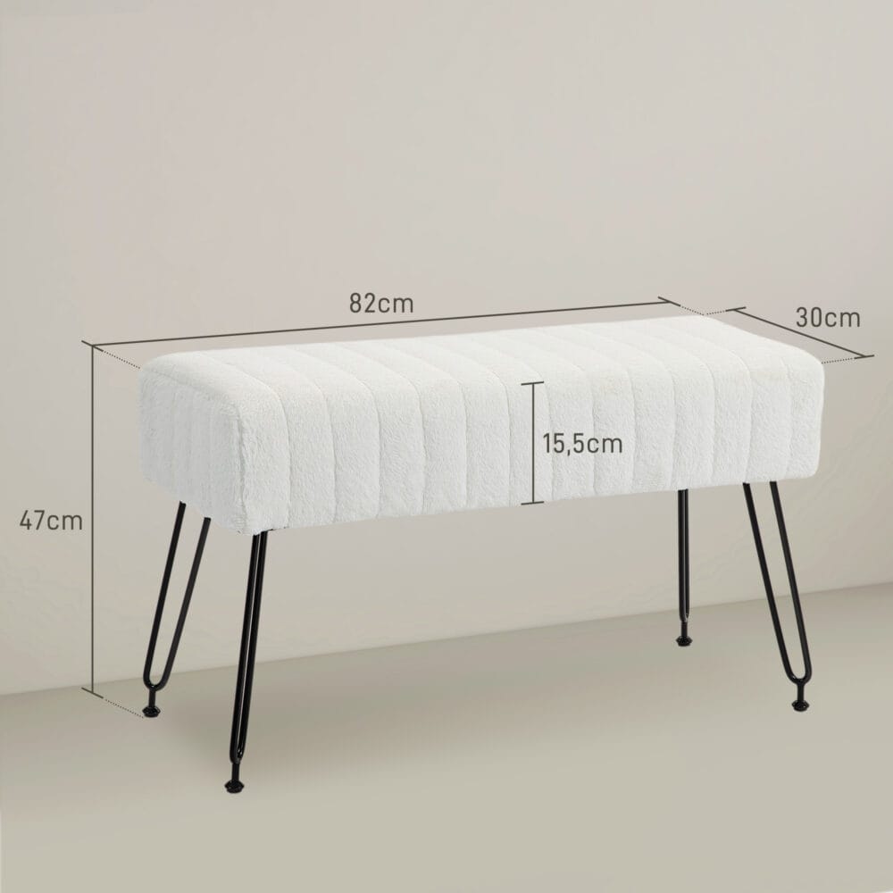 Cremeweisse Sitzbank mit Kunstfellbezug und schlanken Metallbeinen, Masse 82x30x47cm. Ein luxuriöser Akzent für jeden Raum.