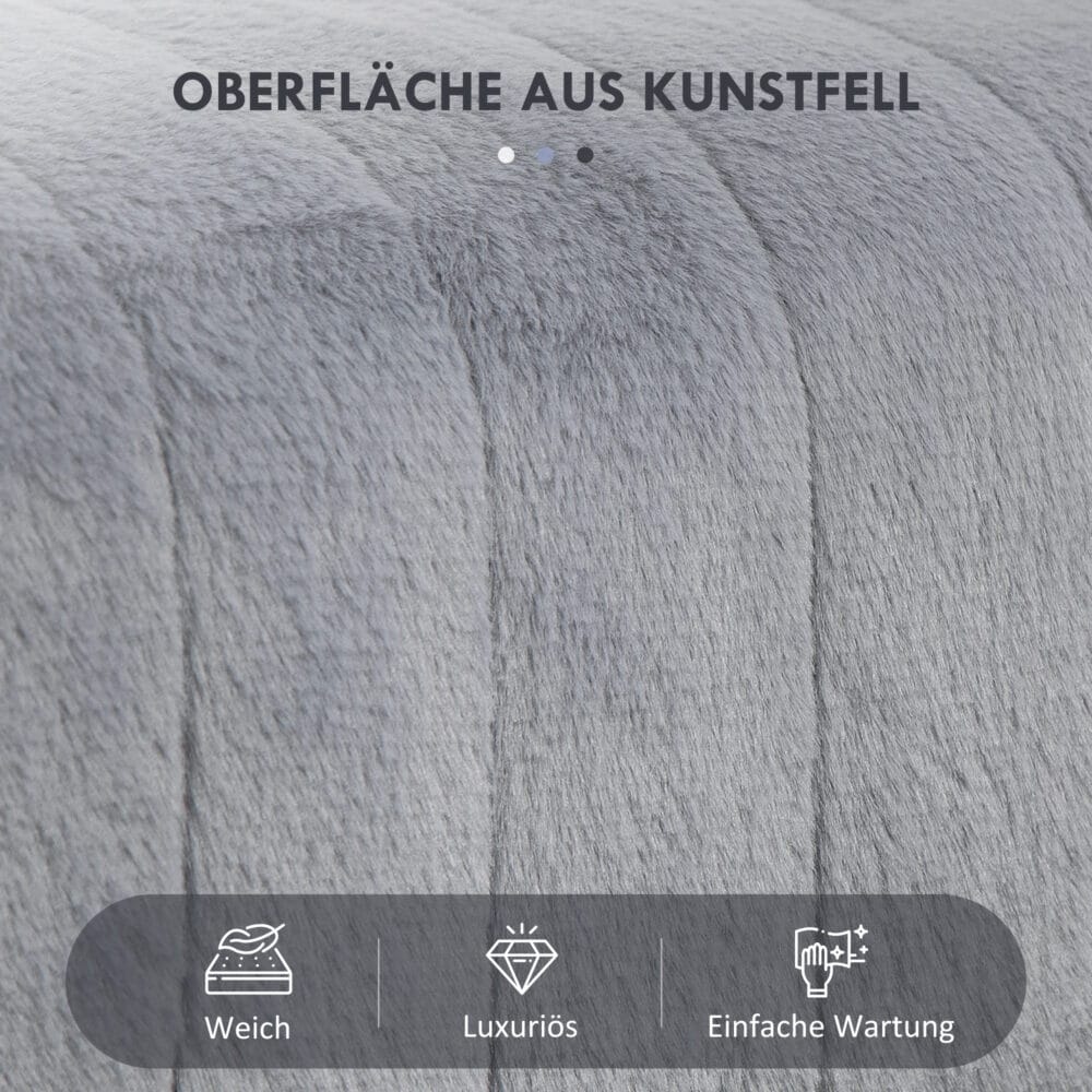 Graue Sitzbank mit Kunstfellbezug und schlanken Metallbeinen, Masse 82x30x47cm. Bringt stilvolle Gemütlichkeit in Ihr Zuhause.