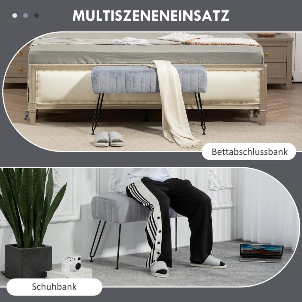 Graue Sitzbank mit Kunstfellbezug und schlanken Metallbeinen, Masse 82x30x47cm. Bringt stilvolle Gemütlichkeit in Ihr Zuhause.