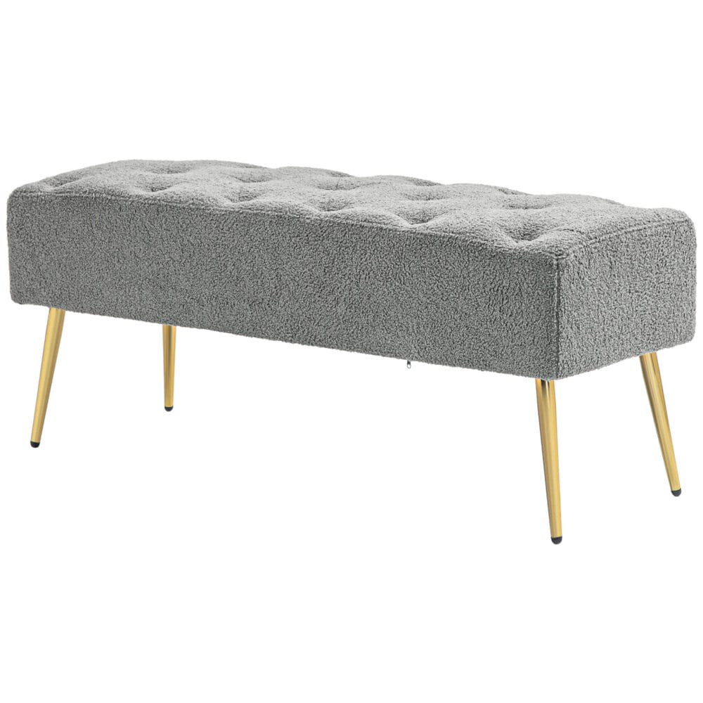 Graue Sitzbank in Lammwolle-Optik mit eleganter Knopfheftung, Masse 112x41x46cm. Bietet gemütlichen Sitzkomfort.