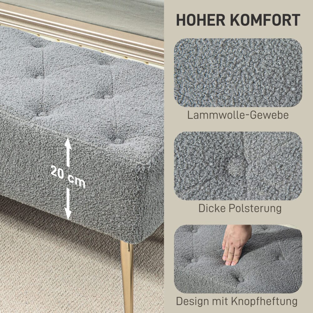 Graue Sitzbank in Lammwolle-Optik mit eleganter Knopfheftung, Masse 112x41x46cm. Bietet gemütlichen Sitzkomfort.