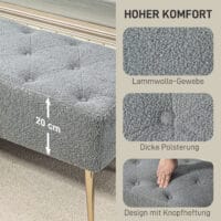 Graue Sitzbank in Lammwolle-Optik mit eleganter Knopfheftung, Masse 112x41x46cm. Bietet gemütlichen Sitzkomfort.