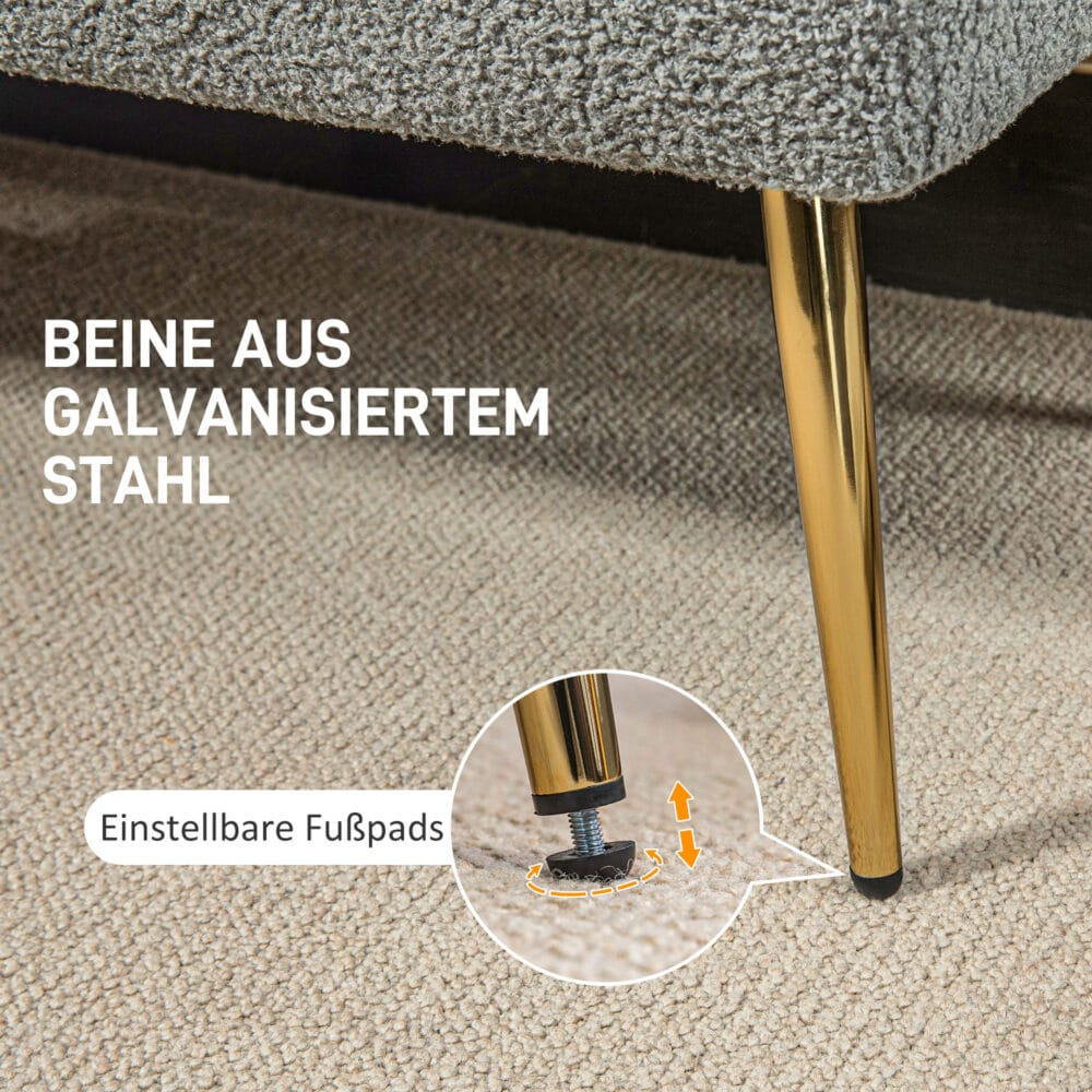 Graue Sitzbank in Lammwolle-Optik mit eleganter Knopfheftung, Masse 112x41x46cm. Bietet gemütlichen Sitzkomfort.