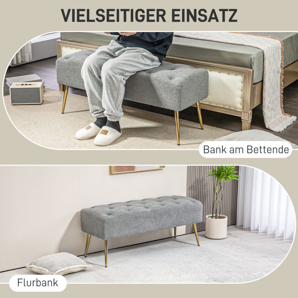 Graue Sitzbank in Lammwolle-Optik mit eleganter Knopfheftung, Masse 112x41x46cm. Bietet gemütlichen Sitzkomfort.