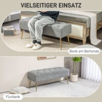 Graue Sitzbank in Lammwolle-Optik mit eleganter Knopfheftung, Masse 112x41x46cm. Bietet gemütlichen Sitzkomfort.