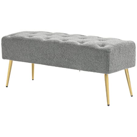 Graue Sitzbank in Lammwolle-Optik mit eleganter Knopfheftung, Masse 112x41x46cm. Bietet gemütlichen Sitzkomfort.