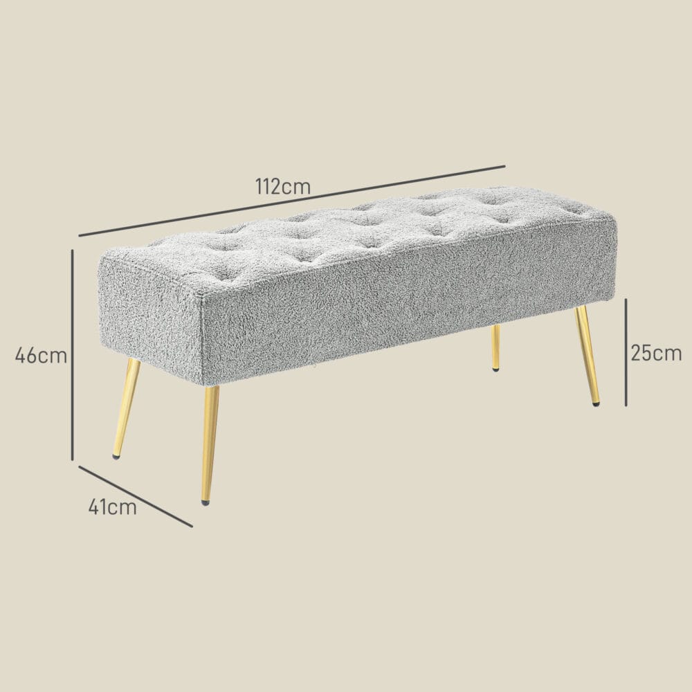 Graue Sitzbank in Lammwolle-Optik mit eleganter Knopfheftung, Masse 112x41x46cm. Bietet gemütlichen Sitzkomfort.