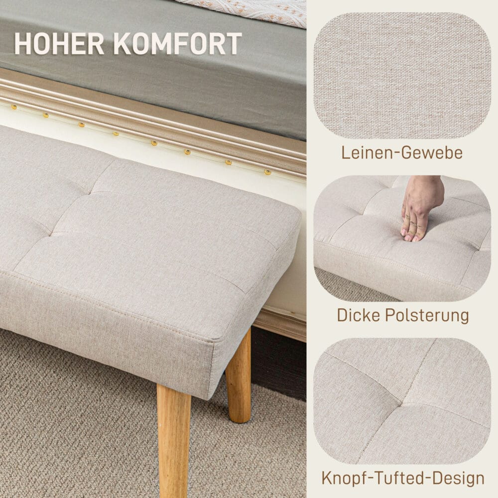 Cremefarbene Sitzbank in Leinenoptik mit stabilen Holzbeinen, Masse 120x41x43cm. Eine klassische und zeitlose Sitzgelegenheit.