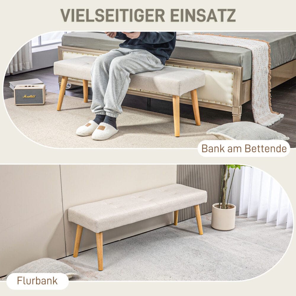 Cremefarbene Sitzbank in Leinenoptik mit stabilen Holzbeinen, Masse 120x41x43cm. Eine klassische und zeitlose Sitzgelegenheit.