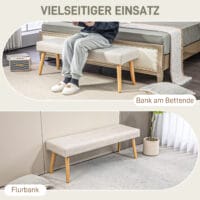 Cremefarbene Sitzbank in Leinenoptik mit stabilen Holzbeinen, Masse 120x41x43cm. Eine klassische und zeitlose Sitzgelegenheit.