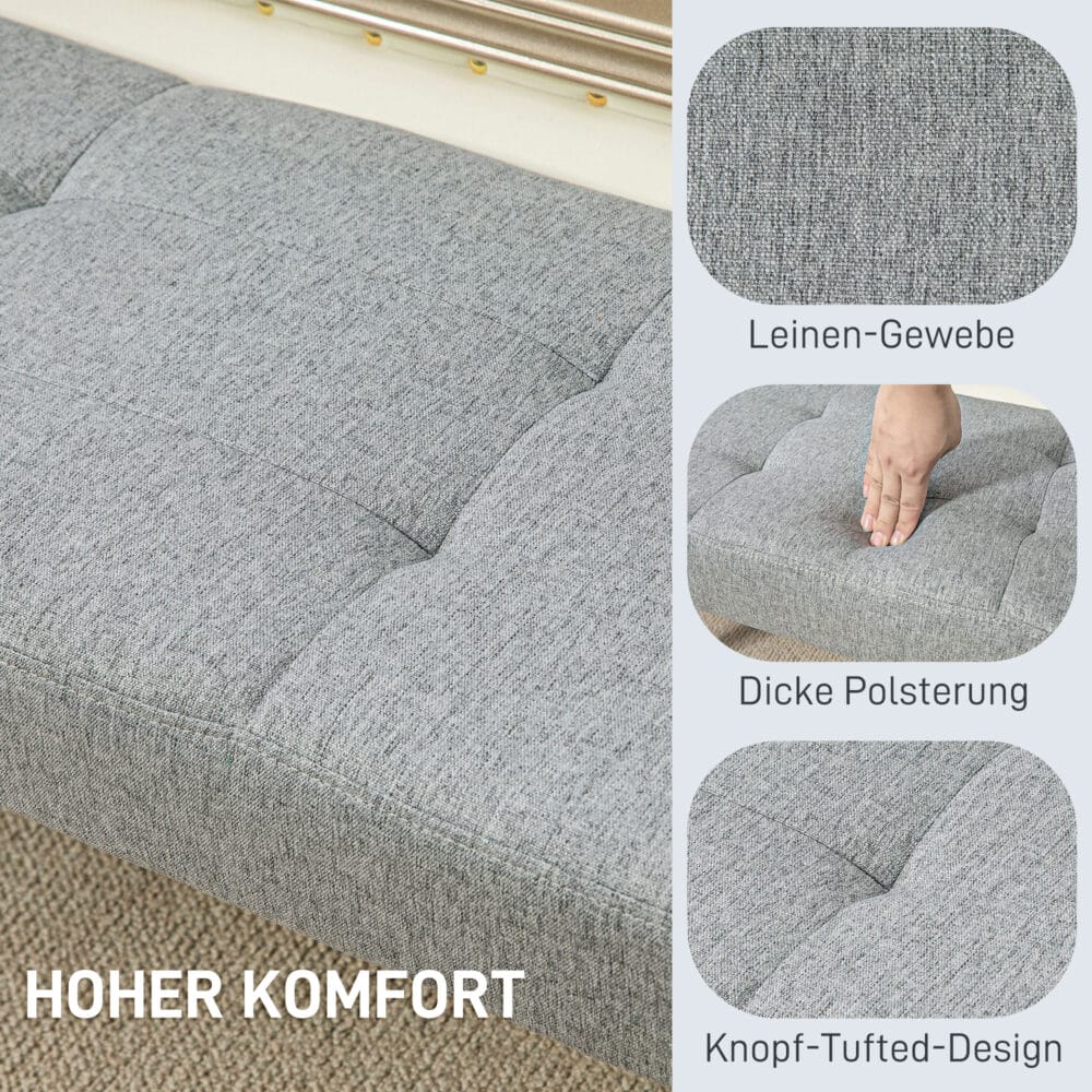 Graue Sitzbank in Leinenoptik mit stabilen Holzbeinen, Masse 120x41x43cm. Passt sich vielen Einrichtungsstilen an.