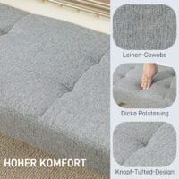 Graue Sitzbank in Leinenoptik mit stabilen Holzbeinen, Masse 120x41x43cm. Passt sich vielen Einrichtungsstilen an.