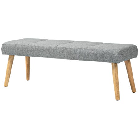 Graue Sitzbank in Leinenoptik mit stabilen Holzbeinen, Masse 120x41x43cm. Passt sich vielen Einrichtungsstilen an.