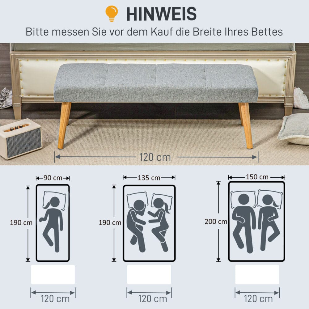 Graue Sitzbank in Leinenoptik mit stabilen Holzbeinen, Masse 120x41x43cm. Passt sich vielen Einrichtungsstilen an.