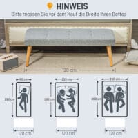 Graue Sitzbank in Leinenoptik mit stabilen Holzbeinen, Masse 120x41x43cm. Passt sich vielen Einrichtungsstilen an.