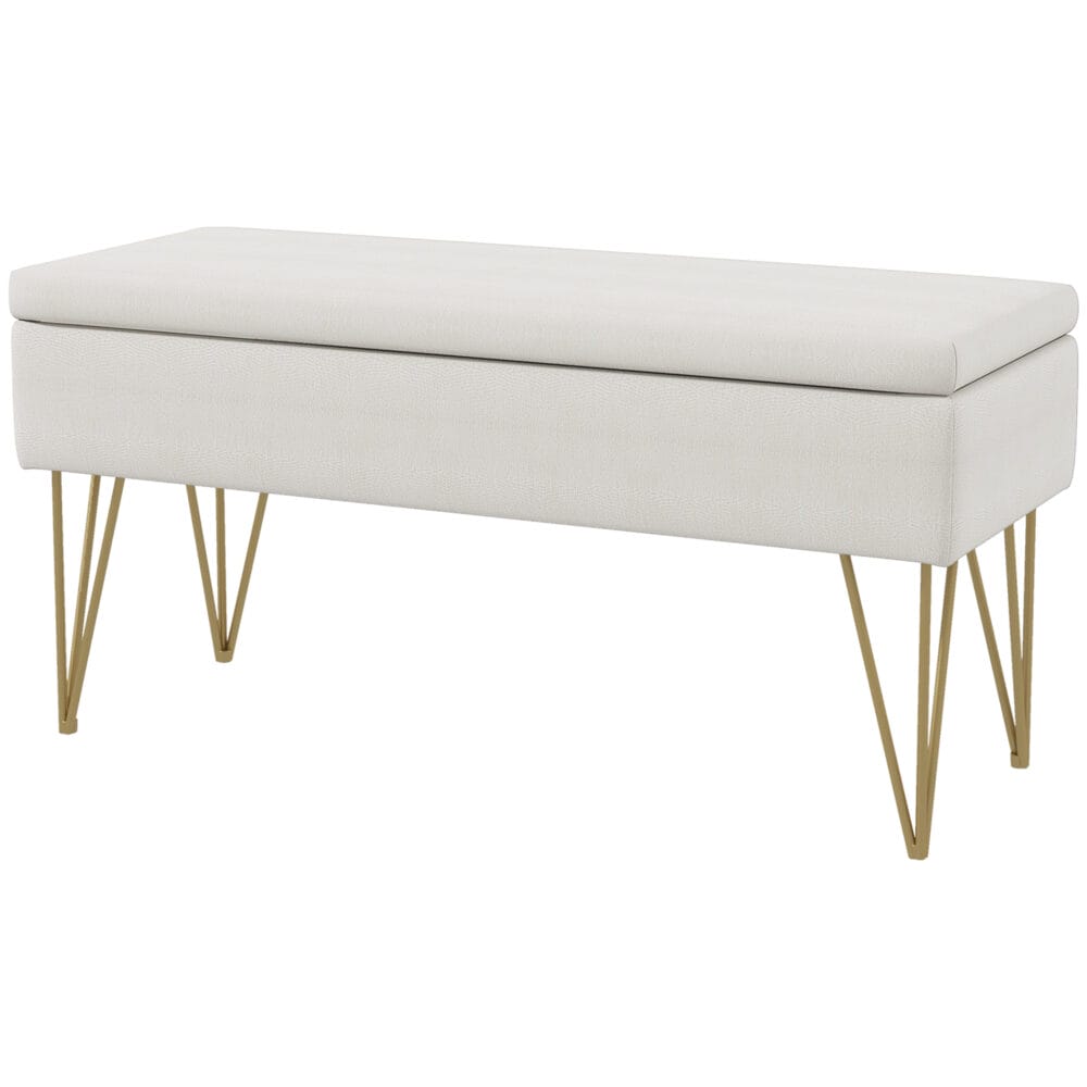 Cremefarbene Polsterbank in Leinenoptik mit integriertem Stauraum, Masse 100x40x49cm. Bietet stilvolle Aufbewahrung.