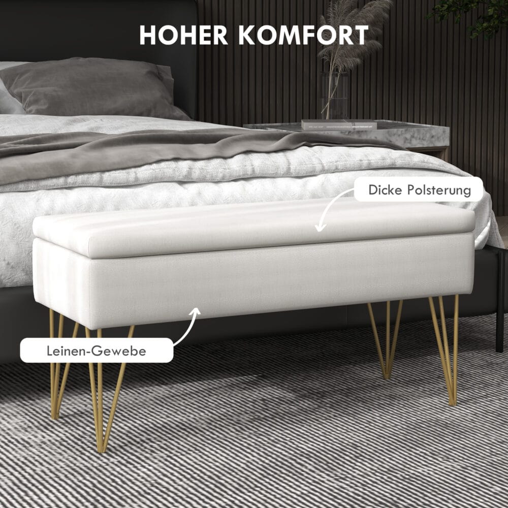 Cremefarbene Polsterbank in Leinenoptik mit integriertem Stauraum, Masse 100x40x49cm. Bietet stilvolle Aufbewahrung.