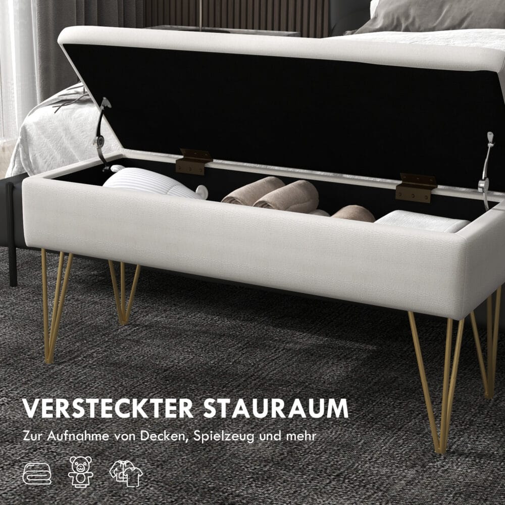 Cremefarbene Polsterbank in Leinenoptik mit integriertem Stauraum, Masse 100x40x49cm. Bietet stilvolle Aufbewahrung.