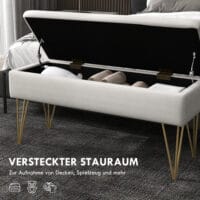 Cremefarbene Polsterbank in Leinenoptik mit integriertem Stauraum, Masse 100x40x49cm. Bietet stilvolle Aufbewahrung.