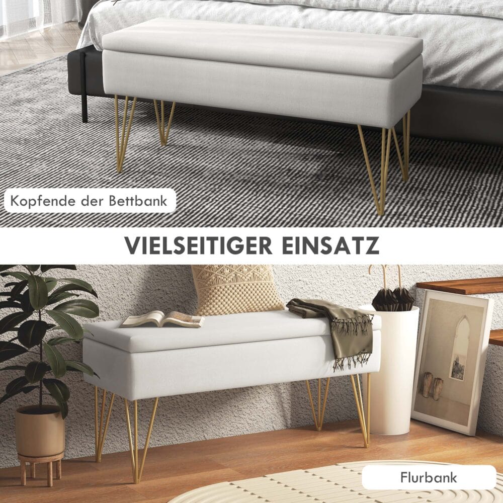 Cremefarbene Polsterbank in Leinenoptik mit integriertem Stauraum, Masse 100x40x49cm. Bietet stilvolle Aufbewahrung.