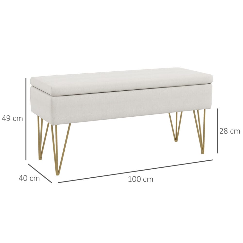 Cremefarbene Polsterbank in Leinenoptik mit integriertem Stauraum, Masse 100x40x49cm. Bietet stilvolle Aufbewahrung.