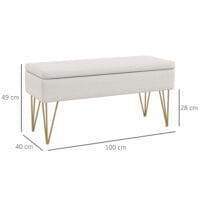 Cremefarbene Polsterbank in Leinenoptik mit integriertem Stauraum, Masse 100x40x49cm. Bietet stilvolle Aufbewahrung.