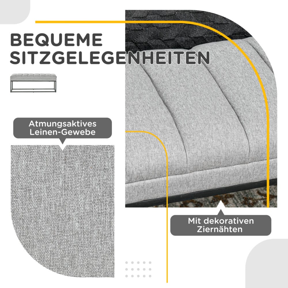 Hellgraue stilvolle Sitzbank in Leinenoptik mit einer Traglast von bis zu 200kg, eine robuste und elegante Ergänzung.