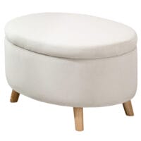 Beige ovale Sitzbank mit Stauraum und Samtoptik, auf stabilen Holzbeinen, Masse 71x51.5x42cm. Ein einzigartiges und charmantes Möbelstück.