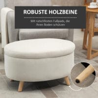 Beige ovale Sitzbank mit Stauraum und Samtoptik, auf stabilen Holzbeinen, Masse 71x51.5x42cm. Ein einzigartiges und charmantes Möbelstück.