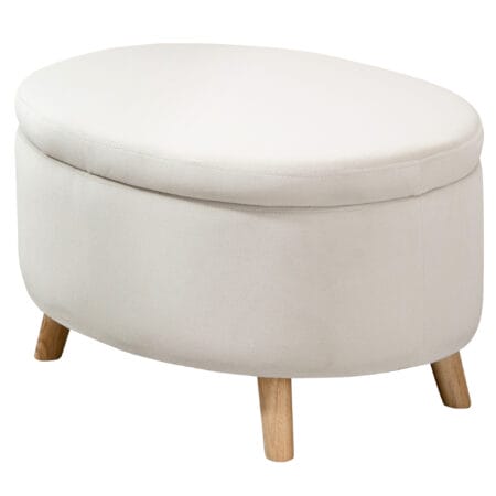 Beige ovale Sitzbank mit Stauraum und Samtoptik, auf stabilen Holzbeinen, Masse 71x51.5x42cm. Ein einzigartiges und charmantes Möbelstück.