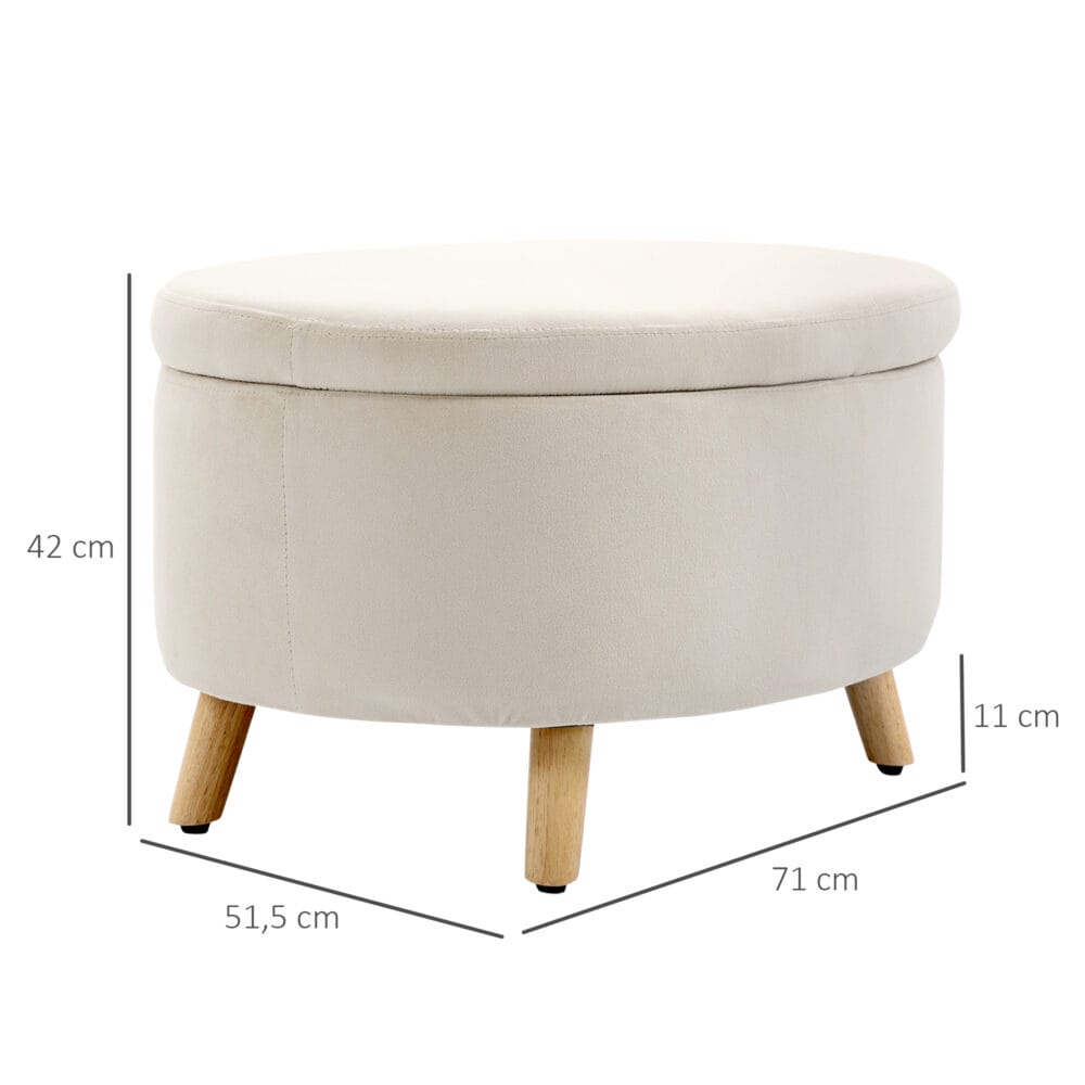 Beige ovale Sitzbank mit Stauraum und Samtoptik, auf stabilen Holzbeinen, Masse 71x51.5x42cm. Ein einzigartiges und charmantes Möbelstück.