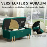 Grüne Polsterbank mit Stauraum und stabilen Gummiholzbeinen, Masse 100x40x42cm. Eine praktische und farbenfrohe Sitzlösung.
