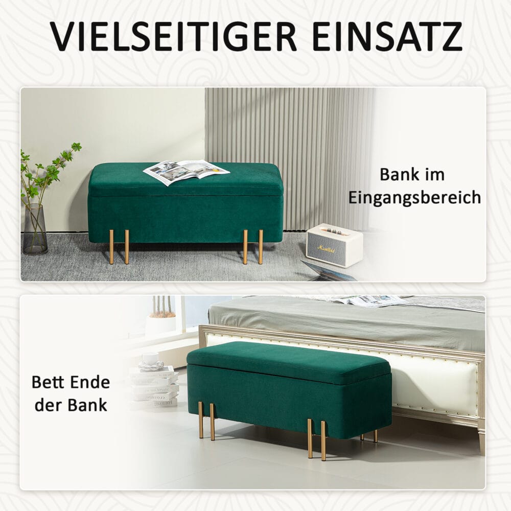 Grüne Polsterbank mit Stauraum und stabilen Gummiholzbeinen, Masse 100x40x42cm. Eine praktische und farbenfrohe Sitzlösung.