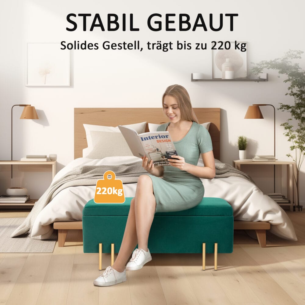 Grüne Polsterbank mit Stauraum und stabilen Gummiholzbeinen, Masse 100x40x42cm. Eine praktische und farbenfrohe Sitzlösung.