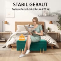 Grüne Polsterbank mit Stauraum und stabilen Gummiholzbeinen, Masse 100x40x42cm. Eine praktische und farbenfrohe Sitzlösung.