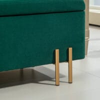 Grüne Polsterbank mit Stauraum und stabilen Gummiholzbeinen, Masse 100x40x42cm. Eine praktische und farbenfrohe Sitzlösung.