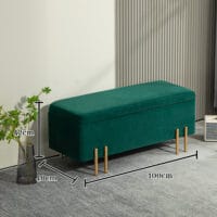 Grüne Polsterbank mit Stauraum und stabilen Gummiholzbeinen, Masse 100x40x42cm. Eine praktische und farbenfrohe Sitzlösung.