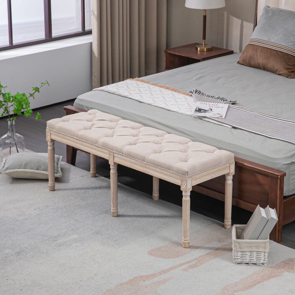 Beige Polsterbank in Leinenoptik, belastbar bis 120kg, Masse 117x40x48cm. Eine bequeme und langlebige Sitzgelegenheit.