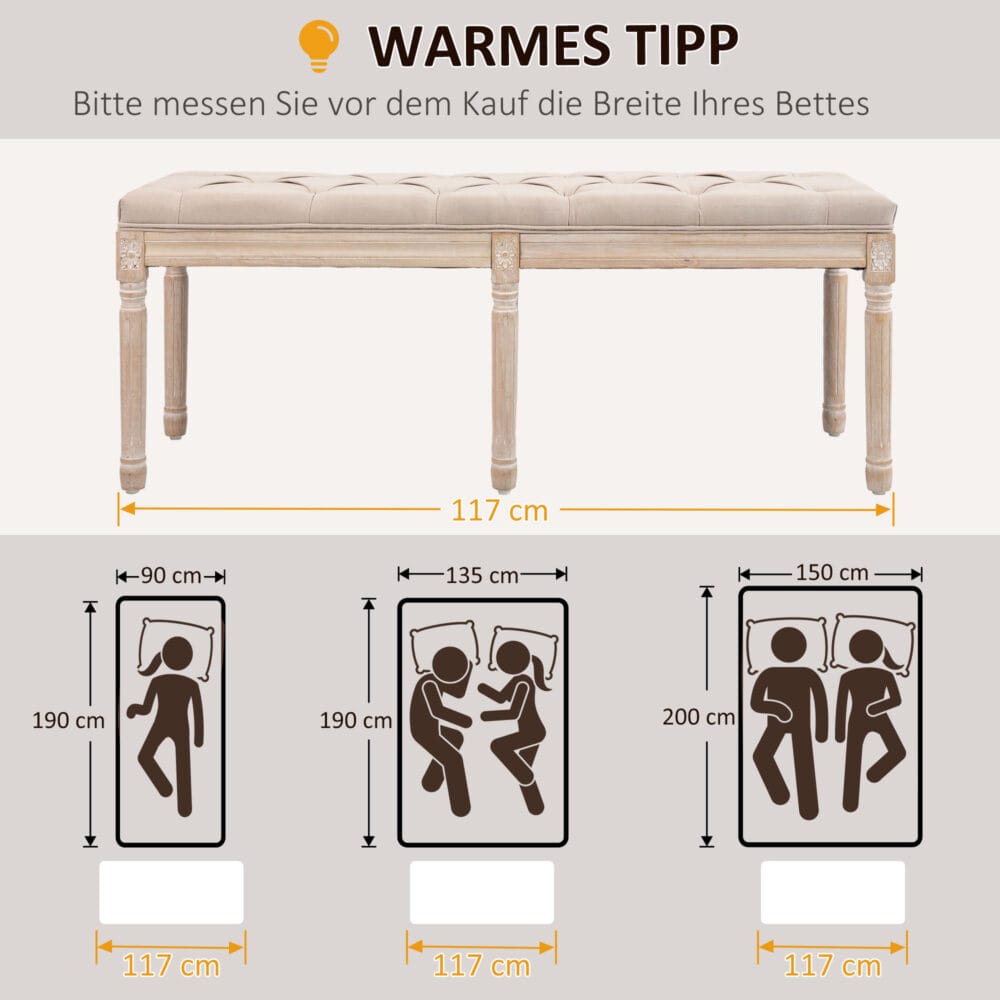Beige Polsterbank in Leinenoptik, belastbar bis 120kg, Masse 117x40x48cm. Eine bequeme und langlebige Sitzgelegenheit.