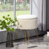 Cremeweisse runde Polsterbank mit integriertem Stauraum, 2-in-1 Design, perfekt als zusätzliche Sitzgelegenheit und clevere Aufbewahrungslösung im Wohnzimmer oder Schlafzimmer.