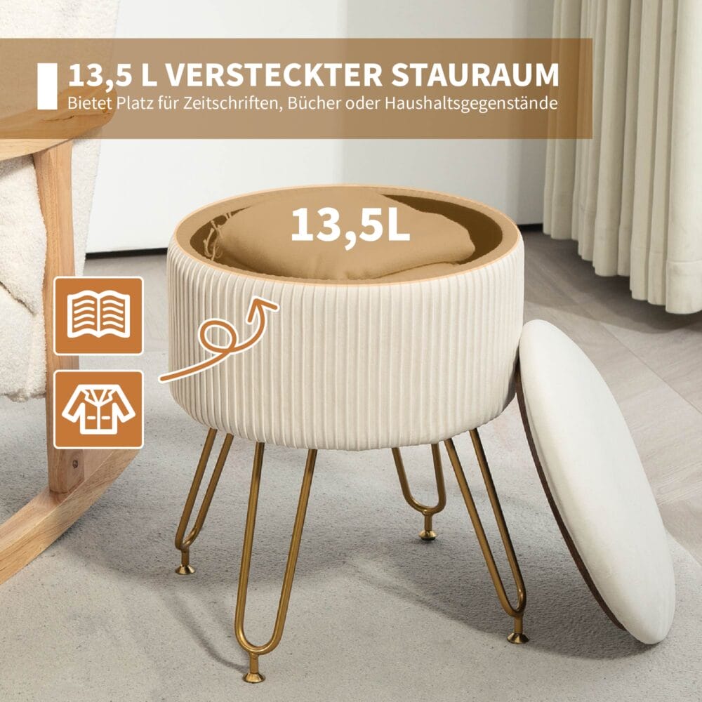Cremeweisse runde Polsterbank mit integriertem Stauraum, 2-in-1 Design, perfekt als zusätzliche Sitzgelegenheit und clevere Aufbewahrungslösung im Wohnzimmer oder Schlafzimmer.