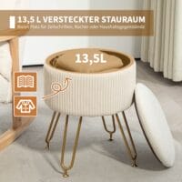 Cremeweisse runde Polsterbank mit integriertem Stauraum, 2-in-1 Design, perfekt als zusätzliche Sitzgelegenheit und clevere Aufbewahrungslösung im Wohnzimmer oder Schlafzimmer.