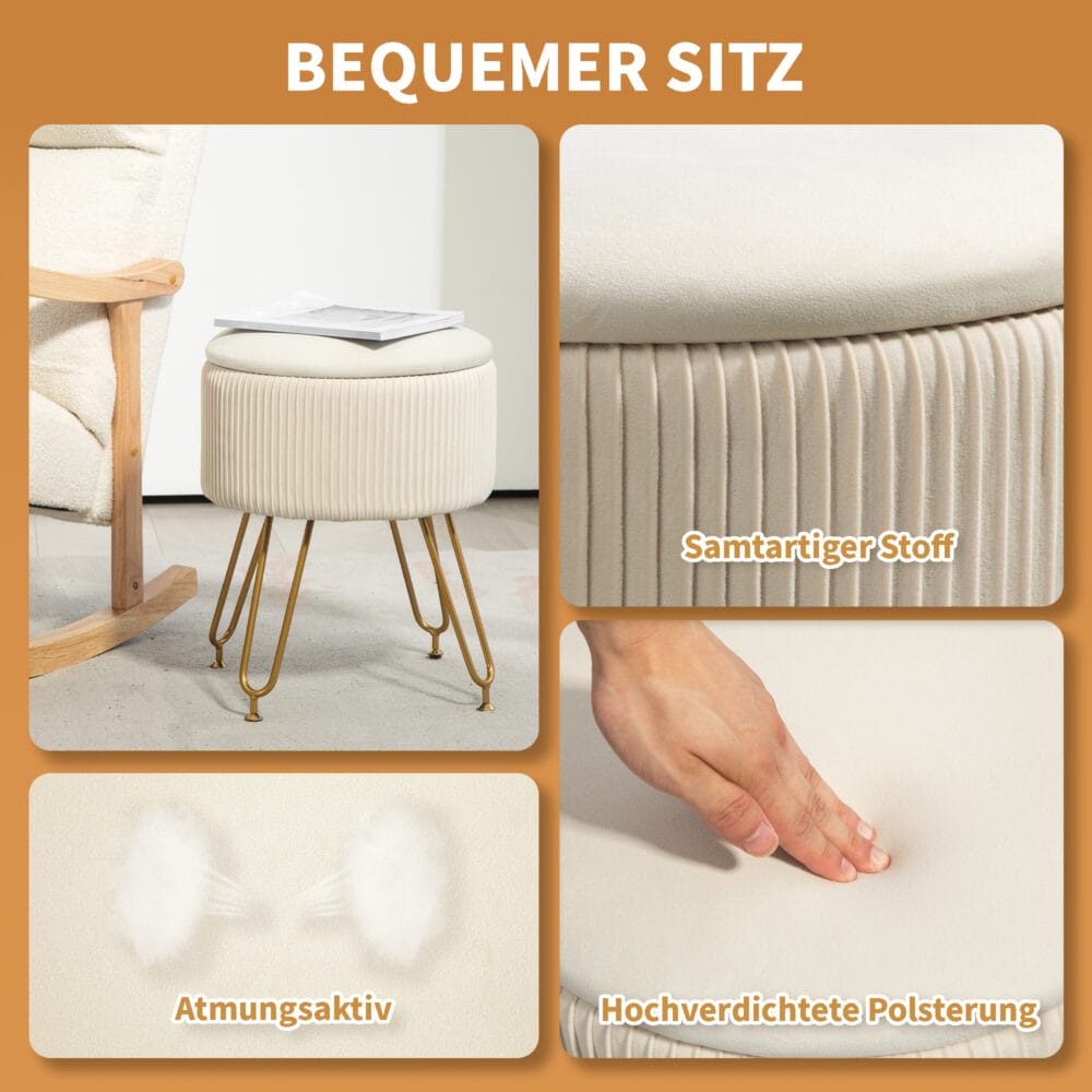 Cremeweisse runde Polsterbank mit integriertem Stauraum, 2-in-1 Design, perfekt als zusätzliche Sitzgelegenheit und clevere Aufbewahrungslösung im Wohnzimmer oder Schlafzimmer.