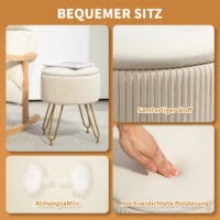 Cremeweisse runde Polsterbank mit integriertem Stauraum, 2-in-1 Design, perfekt als zusätzliche Sitzgelegenheit und clevere Aufbewahrungslösung im Wohnzimmer oder Schlafzimmer.
