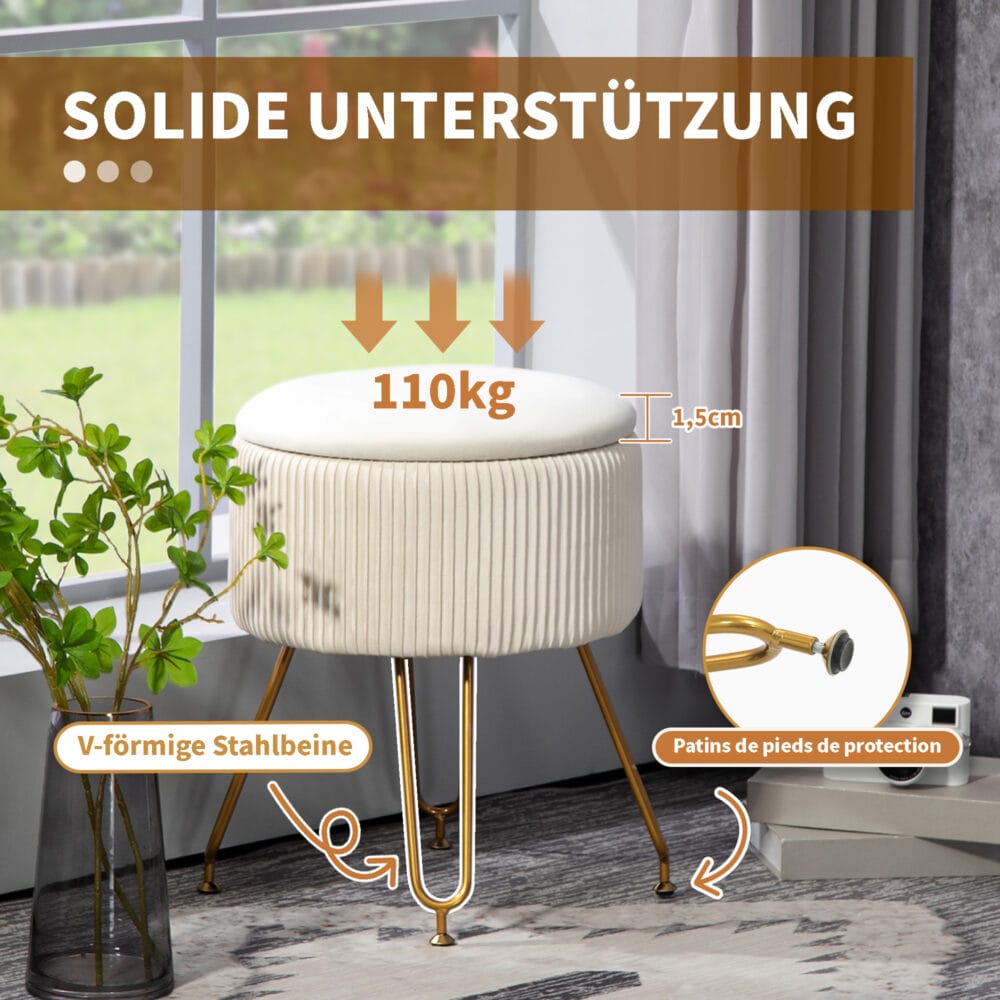 Cremeweisse runde Polsterbank mit integriertem Stauraum, 2-in-1 Design, perfekt als zusätzliche Sitzgelegenheit und clevere Aufbewahrungslösung im Wohnzimmer oder Schlafzimmer.
