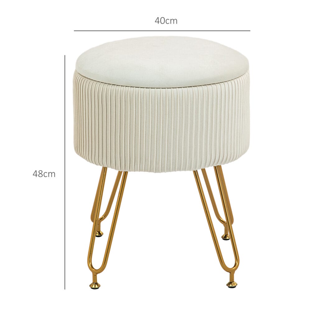 Cremeweisse runde Polsterbank mit integriertem Stauraum, 2-in-1 Design, perfekt als zusätzliche Sitzgelegenheit und clevere Aufbewahrungslösung im Wohnzimmer oder Schlafzimmer.