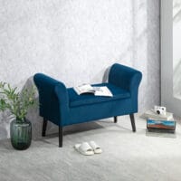 Dunkelblaue Polsterbank mit Stauraum, bezogen mit samtartigem Polyester. Eine edle und praktische Bereicherung.