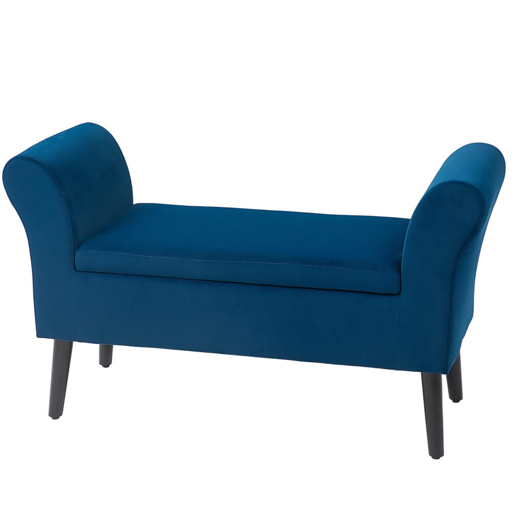 Dunkelblaue Polsterbank mit Stauraum, bezogen mit samtartigem Polyester. Eine edle und praktische Bereicherung.